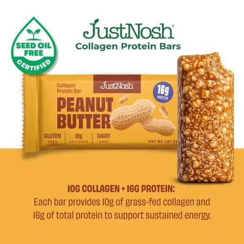 Miniatura 5 de JUSTNOSH Peanut Butter - Barras de proteína de colágeno, 0.63 onzas de proteína, 0.35 onzas de colágeno, sin gluten y lácteos, bajo FODMAP, sin