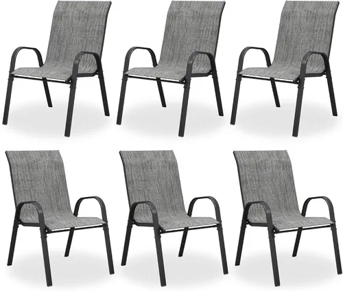 Miniatura 15 de Juego de 4 sillas de comedor para patio, sillas de comedor apilables, respaldo alto, tela de asiento transpirable y marco de acero de aleación