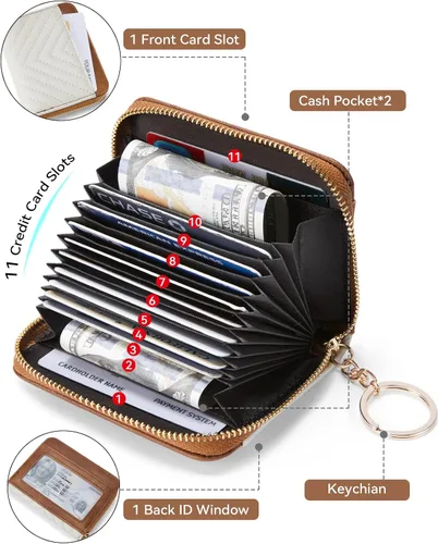 Miniatura 2 de BOSTANTEN Cartera de piel con bloqueo RFID para tarjetas de crédito, cartera pequeña para mujer, con cremallera, llavero y cartera con correa
