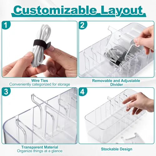 Miniatura 2 de Paquete de 2 organizadores de cables, organizador de cables transparente con divisores ajustables, se adapta a cables de hasta 10 pies, organizador
