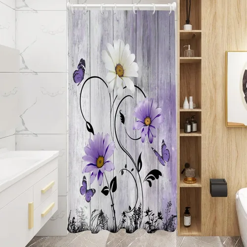 Miniatura 25 de AAtter Cortina de ducha floral azul rústica boho gris blanco amarillo margarita naturaleza negro botánico telón azul verdoso turquesa tela única