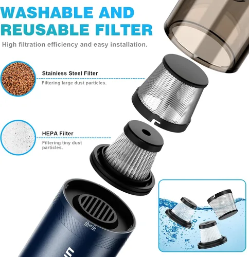 Miniatura 6 de Aspiradora de mano portátil inalámbrica, potente aspiradora de succión de 14000 PA con luz LED y plumero de aire 2 en 1, de bajo ruido recargable