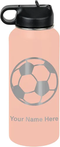 Miniatura 75 de LaserGram Botella de agua personalizada, pelota de fútbol, acero inoxidable de doble pared aislada al vacío con popote superior, regalo grabado