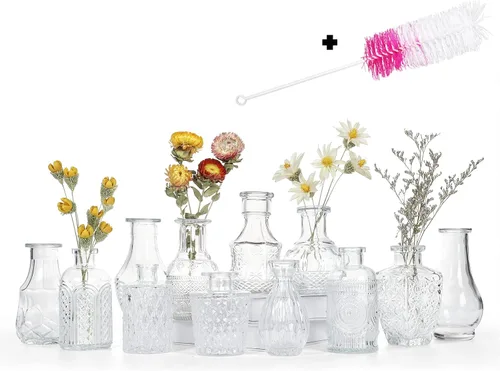 Juego de 12 jarrones de cristal con brocha, jarrones de cristal para centros de mesa lindos, mini jarrón transparente a granel para decoraciones