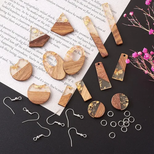 Miniatura 3 de Beadthoven 60 piezas Kit de Dijes de Madera de Resina Colgantes para Hacer Aretes Dijes Dorados para Aretes DIY Boho Piezas en Blanco de Madera