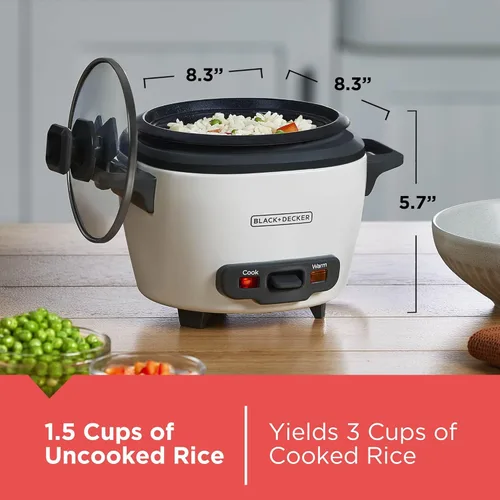 Miniatura 6 de BLACK+DECKER Olla arrocera de 3 tazas, RC503, 1.5 tazas de arroz crudo, cesta de cocción al vapor, recipiente antiadherente extraíble, un toque