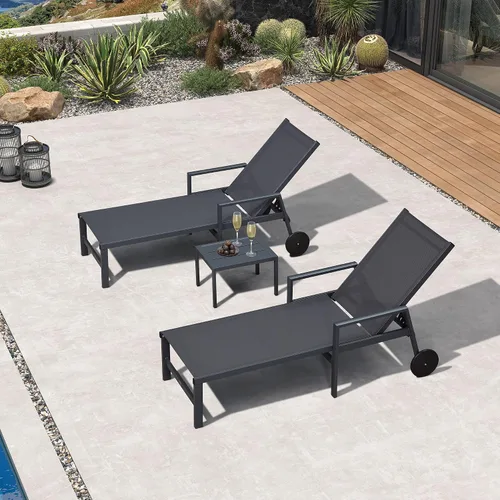 Miniatura 24 de PURPLE LEAF Juego de tumbonas para exteriores para 2 sillas de piscina de gran tamaño con ruedas fáciles de mover y respaldo ajustable, tumbonas