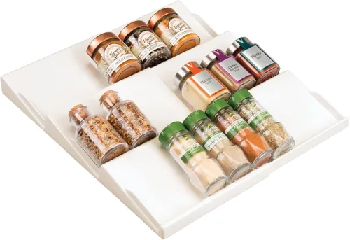 Miniatura 5 de mDesign - Estante de especias de plástico ajustable y expandible, organizador de cajón para gabinetes de cocina, 3 niveles inclinados para ajo, sal
