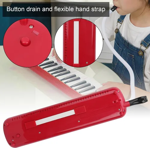 Miniatura 8 de Melódica para principiantes de 32 llaves, portátil con bolsa de transporte, boquilla de corneta, entrenamiento musical para niños, rojo