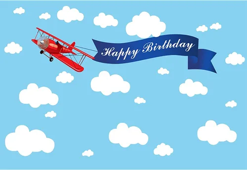 Telón de fondo de 5 x 3 pies con diseño de avión rojo, diseño de dibujos animados, cielo azul, nubes blancas, feliz cumpleaños, fotografía, fondo,