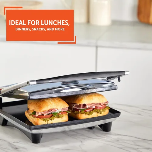 Miniatura 8 de IMUSA Prensa eléctrica Panini de acero inoxidable de 12 x 10 pulgadas con control de temperatura, placas antiadherentes para sándwiches, paninis a