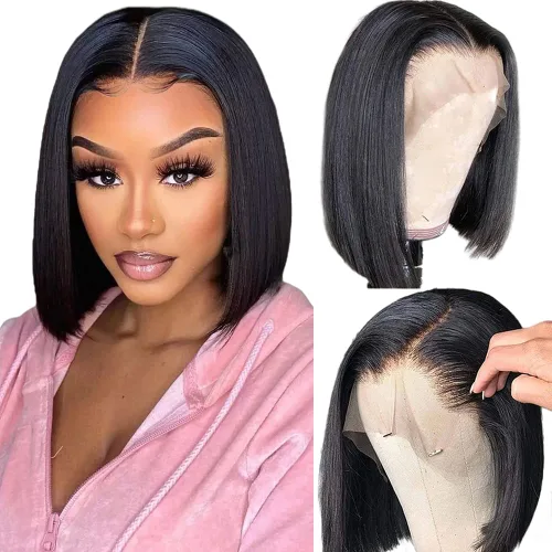Peluca Bob Corta de Cabello Humano 13x4 Pelucas Bob Frontales de Cabello Humano Pre Desplumadas para Mujeres Negras Pelucas de Encaje Frontal Bob 10