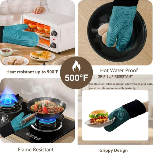Miniatura 4 de Manoplas de horno de silicona, resistentes al calor, 500 °F, agarre duradero, antideslizante, manoplas de horno para cocina, resistentes al calor
