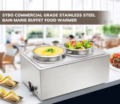 Miniatura 5 de SYBO Mesa de vapor de acero inoxidable de grado comercial Bain Marie Buffet Calentador de alimentos para catering y restaurantes (2 ollas redondas)