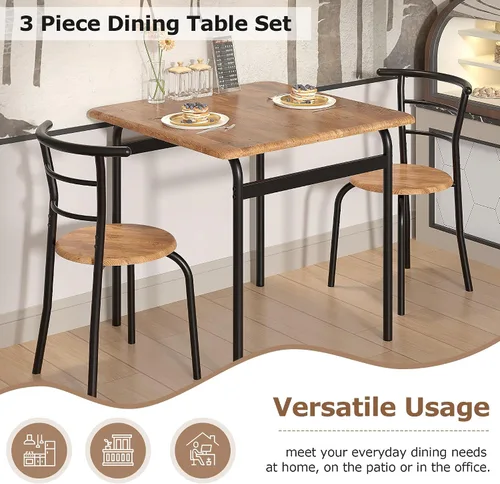 Miniatura 5 de VECELO Juego de mesa y sillas de comedor de 3 piezas para 2, juego de comedor cuadrado de metal y madera para espacios pequeños, rincón de desayuno