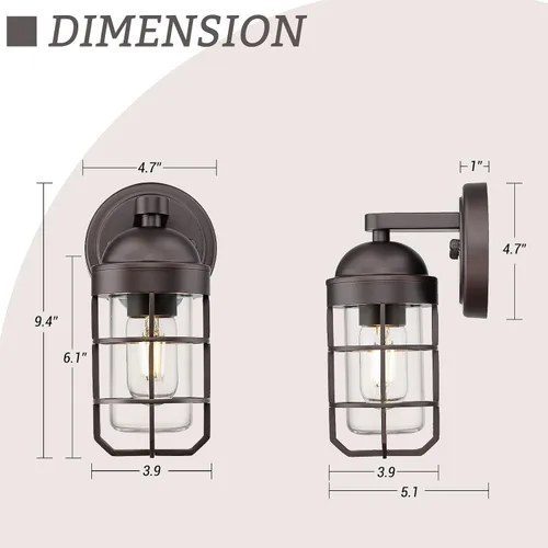 Miniatura 6 de Emliviar Lámpara de pared para exterior estilo casa de campo, lámpara de pared exterior clásica, jaula de metal industrial náutica con vidrio