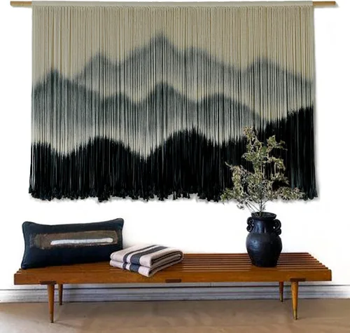 Miniatura 3 de IOWER Macramé para colgar en la pared, decoración de pared de macramé teñido por inmersión de montaña, arte de fibra grande, moderno, bohemio, Negro