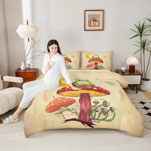 Miniatura 11 de Juego de edredón de champiñones para niños, tamaño individual, juego de ropa de cama romántica con sol, luna, cielo estrellado y galaxia, decoración