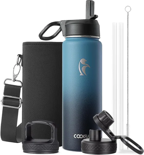 Miniatura 50 de Coolflask Botella de agua de 20 onzas aislada con pajilla, 3 tapas de metal de acero inoxidable, botella de agua de boca ancha para deportes u