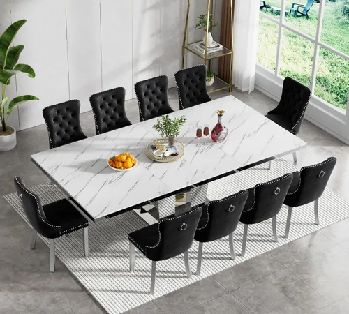 Miniatura 107 de Juego de mesa de comedor extensible de 5 piezas, juego de mesa de comedor extensible de estilo granja para 4, mesa de cocina expandible de madera
