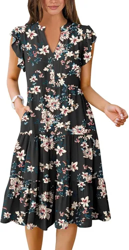 Miniatura 15 de ANRABESS Vestido de verano para mujer, manga con volantes, cuello en V, vestido midi a la moda, casual, holgado, escalonado, bohemio, playa