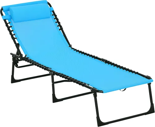 Outsunny Tumbona plegable, silla de bronceado para patio, tumbona para exteriores con respaldo reclinable de 4 posiciones, asiento de malla Azul