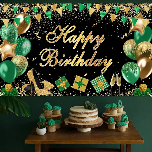 Miniatura 5 de Avezano Cartel verde de feliz cumpleaños verde dorado negro telón de fondo de feliz cumpleaños con purpurina decoración de fiesta de cumpleaños