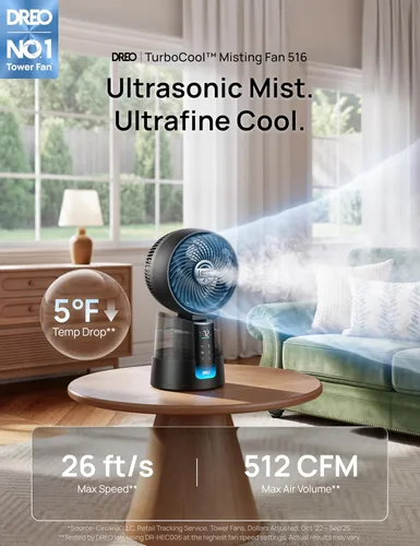 Miniatura 2 de DREO TurboCool Ventilador de nebulización 516, oscilación omnidireccional de 150°+30°, ventilador de enfriamiento de escritorio de caída de 5 ℉