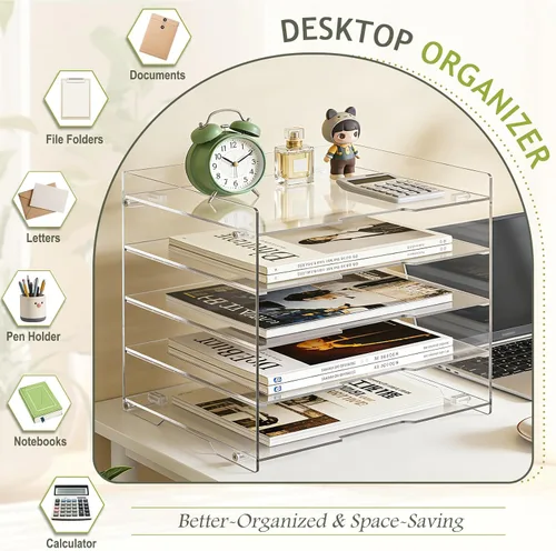Miniatura 5 de KKU Organizador de escritorio de acrílico transparente de 5 niveles, bandeja de cartas, organizador de escritorio y accesorios para suministros