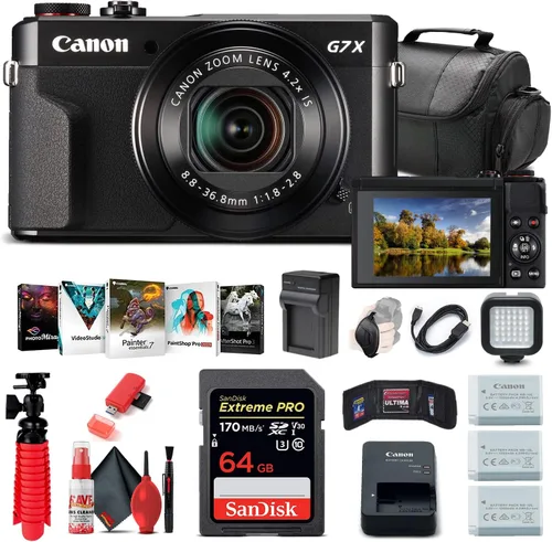Canon Cámara digital PowerShot G7 X Mark II (1066C001) + tarjeta de memoria de 64 GB + 2 baterías NB13L + software de fotografía Corel + cargador +