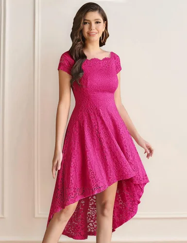 Miniatura 3 de Dressystar Vestido de Cóctel de Encaje para Mujer Hi-Lo con Hombros Descubiertos para Dama de Honor Vestido de Fiesta Formal Swing