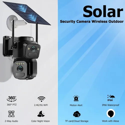 Miniatura 2 de Uniter Cámaras de seguridad solar de doble lente inalámbricas para exteriores, WiFi 5G/2.4G, visión de 360°, panorámica/inclinación, cámara de Negro