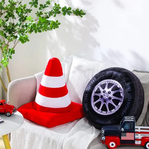 Miniatura 6 de Woanger Juego de 2 Almohadas de Felpa para Decoración de Habitación de Coche de Carreras, Regalo de 15.7 Pulgadas, Suave Simulación 3D de Rueda