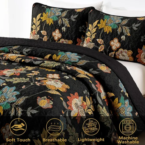 Miniatura 5 de WONGS BEDDING Juego de colcha tamaño Queen, juego de ropa de cama con estampado botánico negro, 3 piezas, colcha floral con 2 fundas de almohada