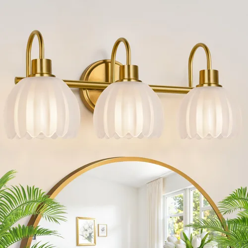 Miniatura 21 de Juego de 2 lámparas de tocador de baño en oro cepillado, lámpara de pared de cabeza única con pantalla de vidrio verde acanalado