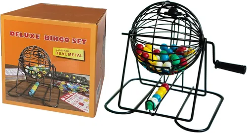 Miniatura 8 de Yuanhe Juego de bingo de lujo, jaula redonda de metal, 75 bolas de bingo de colores, 100 tarjetas de bingo, 500 fichas mixtas y tablero maestro