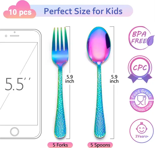 Miniatura 2 de LIANYU Juego de cubiertos de 10 piezas para niños, juego de cubiertos de acero inoxidable para niños preescolares, incluye 5 cucharas para niños, 5