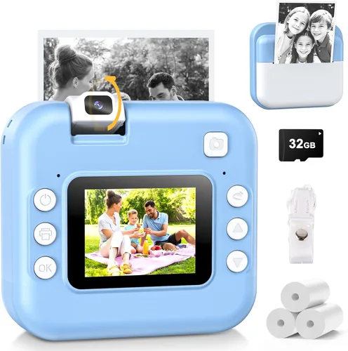 Cámara para niños con impresión instantánea: cámara digital con lente abatible, regalo de cumpleaños para niños y niñas, fotos de impresión Azul