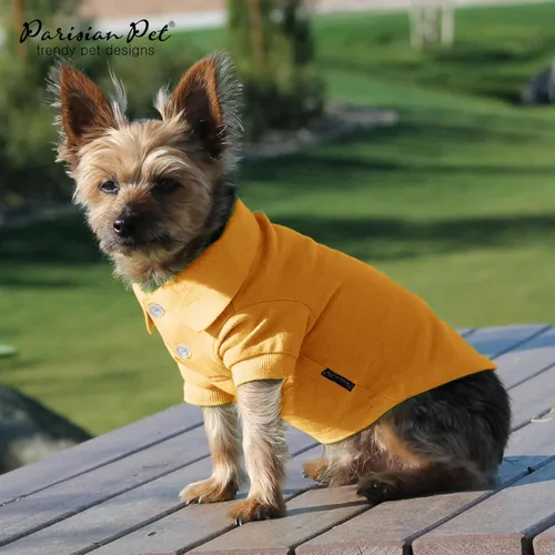 Miniatura 4 de Parisian Pet Polo para perro – Camisa de algodón transpirable en amarillo sólido – Ropa de verano tipo pullover con cuello abotonado para perros