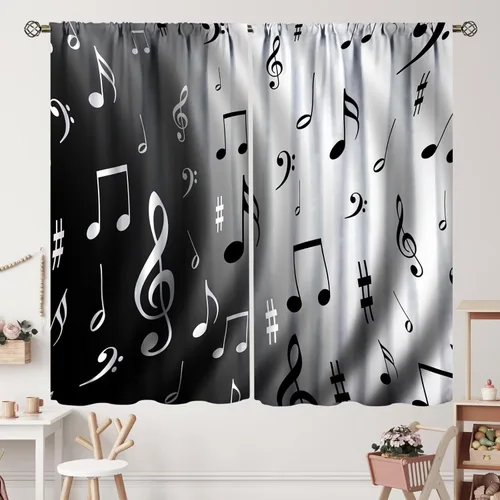 Miniatura 37 de Cortinas de notas musicales, rústicas, mágicas, notas musicales, arte retro, piano y violín, cortina con bolsillo para barra para dormitorio, sala