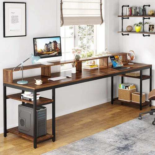 Miniatura 4 de Tribesigns Escritorio para Dos Personas con Soporte para Monitor, Escritorio de Oficina Doble para Computadora de 78.74" de Largo con Estantes