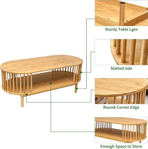 Miniatura 4 de VaeFae Mesa auxiliar ovalada, mesa de centro de bambú para sala de estar, mesa central de granja de 2 niveles con estante de almacenamiento
