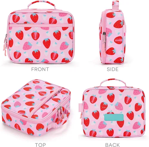 Miniatura 6 de mibasies Lonchera infantil para niñas, bolsa de almuerzo aislada y reutilizable para la escuela, preescolar, jardín de infantes, fresas surtidas