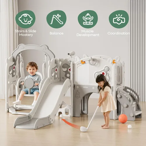 Miniatura 3 de Mloong Juego de toboganes y columpios 11 en 1 para niños pequeños de 1 a 3 años, para interiores y exteriores, con aro de baloncesto, golf, fácil