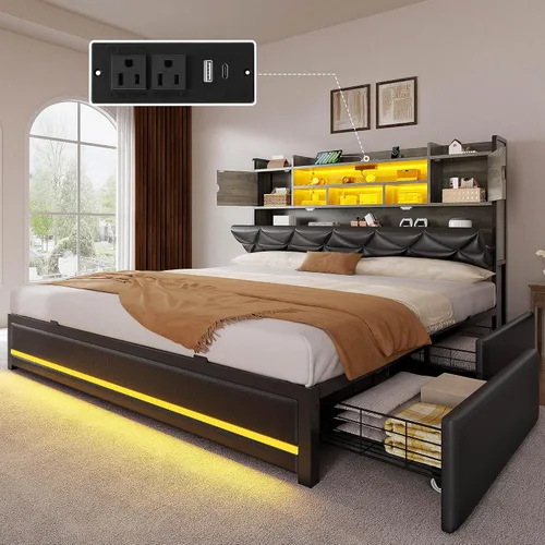 DWVO Base de cama tamaño Queen con luces LED RGB y cabecera de estantería de almacenamiento, cama tapizada con estación de carga y 4 cajones, no