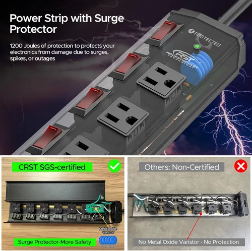 Miniatura 5 de CRST Regleta de alimentación de metal de 6 tomas con interruptores individuales, protector contra sobretensiones montable para garaje, taller