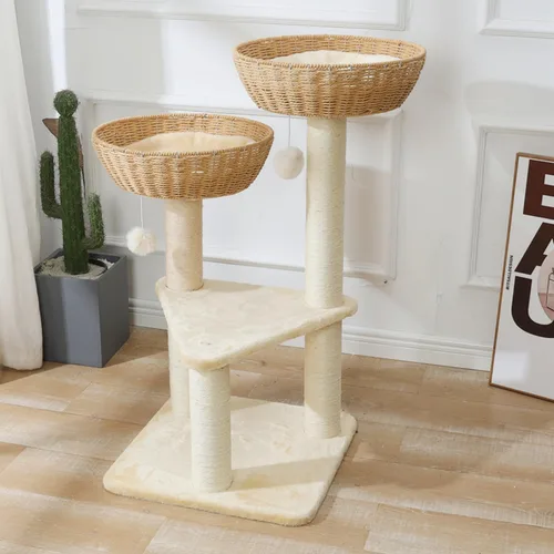 Miniatura 4 de SHENGOCASE Torre de árbol para gatos con cesta de mimbre de ratán, 2 cestas nido grandes tejidas a mano cama, percha de ventana para gatos grandes