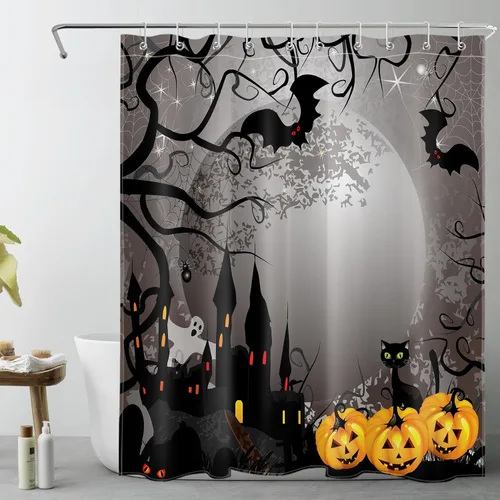 EOBTAIN Cortina de ducha de calabaza espeluznante de Halloween, fantasma y gato murciélago con casa embrujada en noche oscura aterradora, cortina de