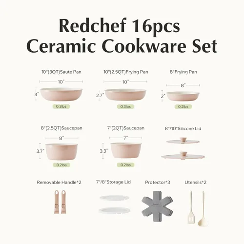 Miniatura 8 de Redchef Juego de sartenes y ollas antiadherentes, juego de utensilios de cocina de cerámica con asas desmontables, 16 piezas, juego de cocina
