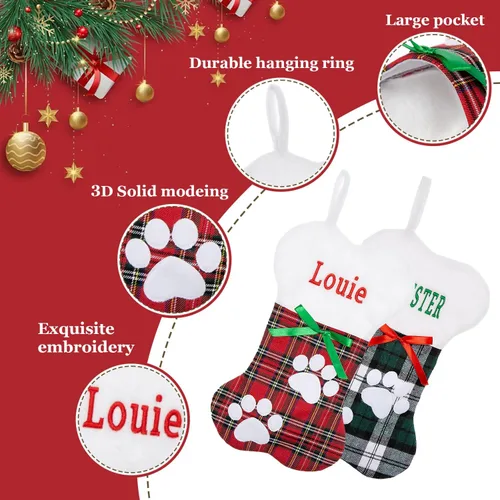 Miniatura 4 de Calcetines de Navidad personalizados para perros y gatos, calcetín de Navidad bordado con nombre personalizado en forma de pata de mascota o hueso